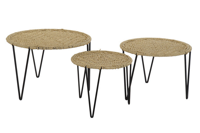 SET 3 TAVOLINI METALLO CORDA NATURALE